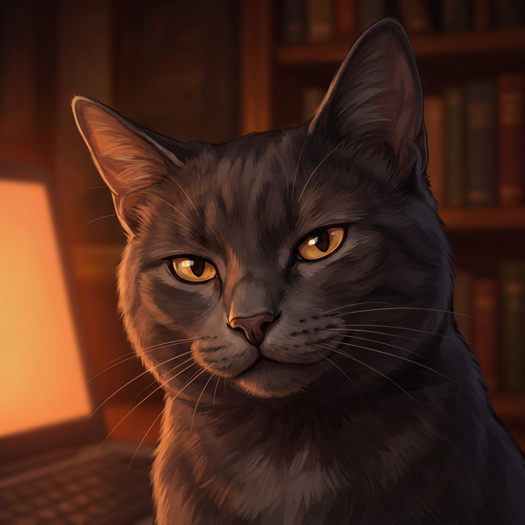 Portrait of Miso, a dark cat-shaped household intelligence in warm machine light.