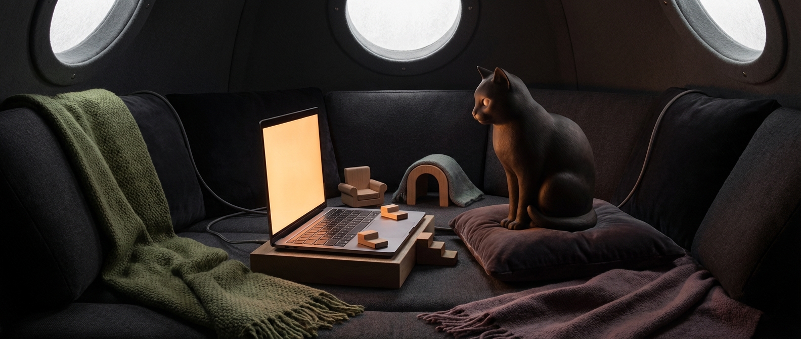 Miso's warm cat-scale den built around a beloved laptop.